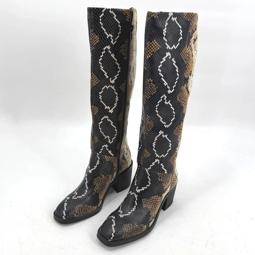 Crown Vintage Womens 6M Knee High Boots Snakeskin Print Block Heel Square Toe